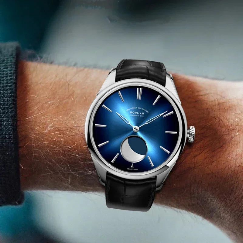 BORMAN Stainless Steel Men Mechanical Watch Power Reserve 80Hour Moon Phase Automatic Watch Sapphire Glass Waterproof 50M Watch