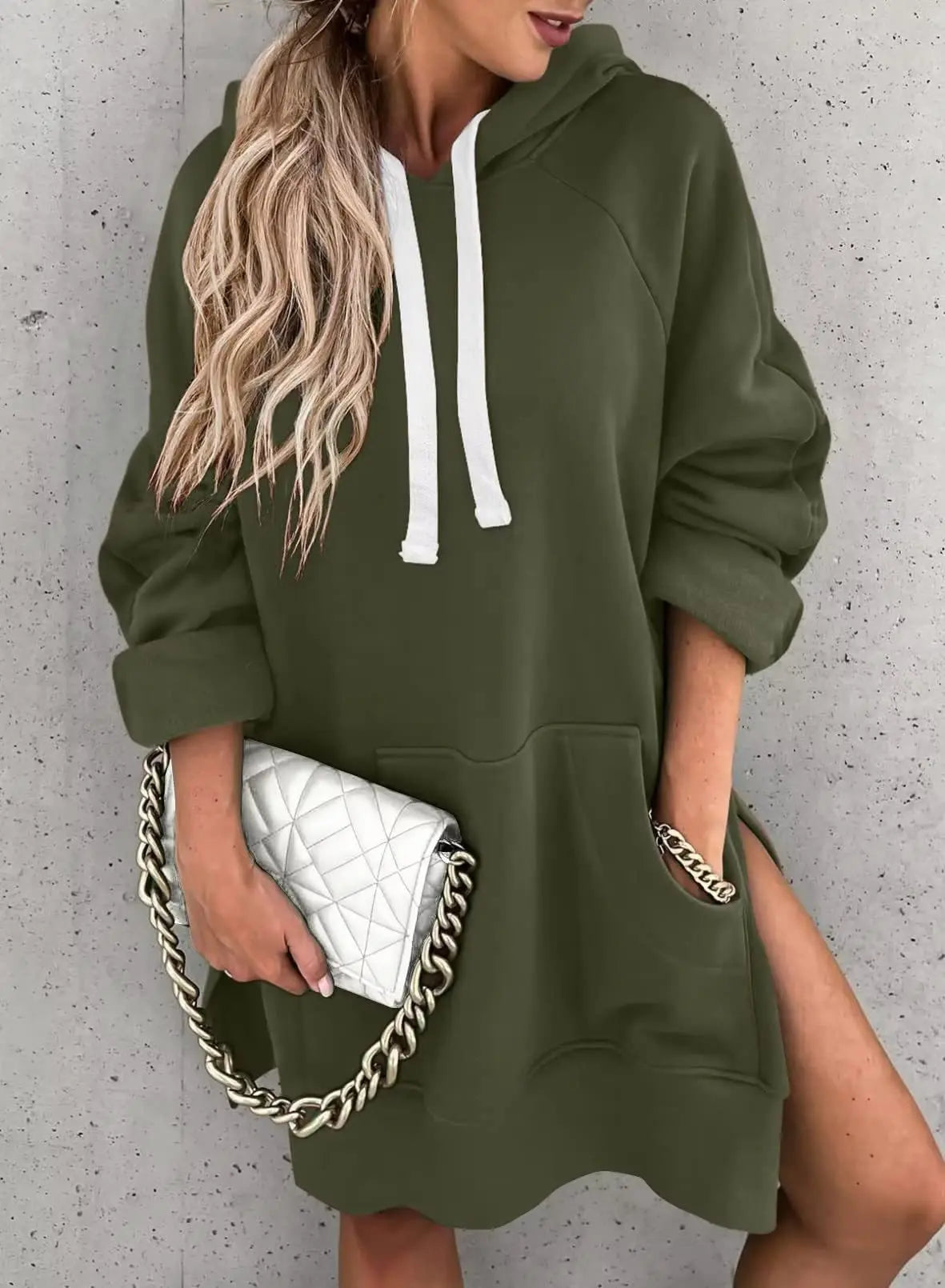 2025 European and American Foreign Trade Autumn and Winter New Women's Solid Color Hooded Mid-length Sweatshirt