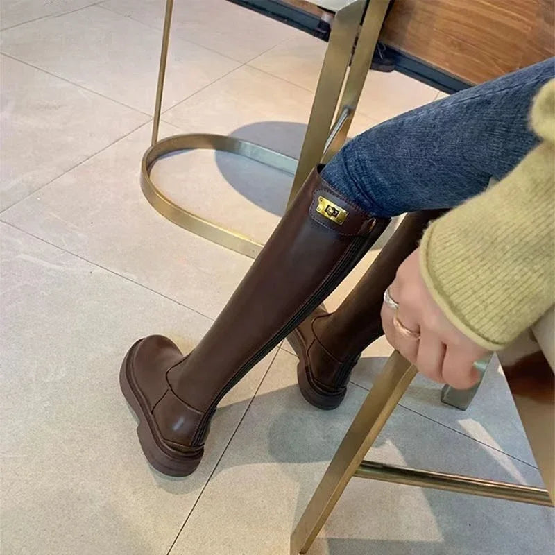 Women's Long Boots Leather Elegant With Low Heels Ladies Knee High Shaft Shoes 2024 New Y2k Demi-season Designer Luxury Fashion