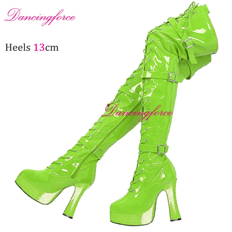 Sexy Green 13cm Chunky Heels Over Knee Boots 3 Buckles Belts Thick Platform Nightclub Party Dance Thigh High Long Boots Women