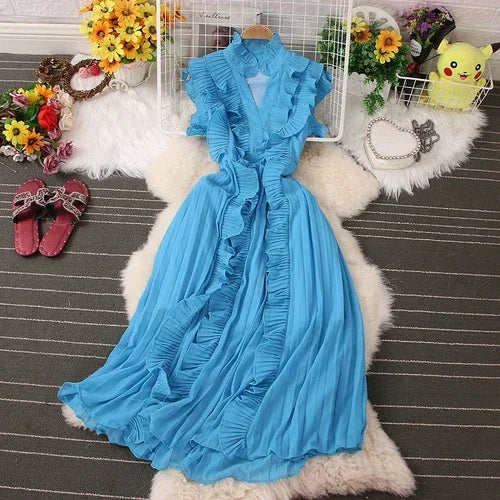 Sweet Ruffles Skinny Dresses Spring Casual Sleeveless V-neck Elastic High Waist Pleated Femme Vestidos Chic Solid Colours Dress