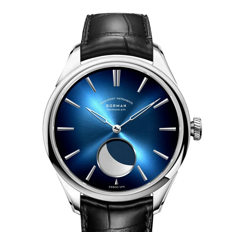 BORMAN Stainless Steel Men Mechanical Watch Power Reserve 80Hour Moon Phase Automatic Watch Sapphire Glass Waterproof 50M Watch