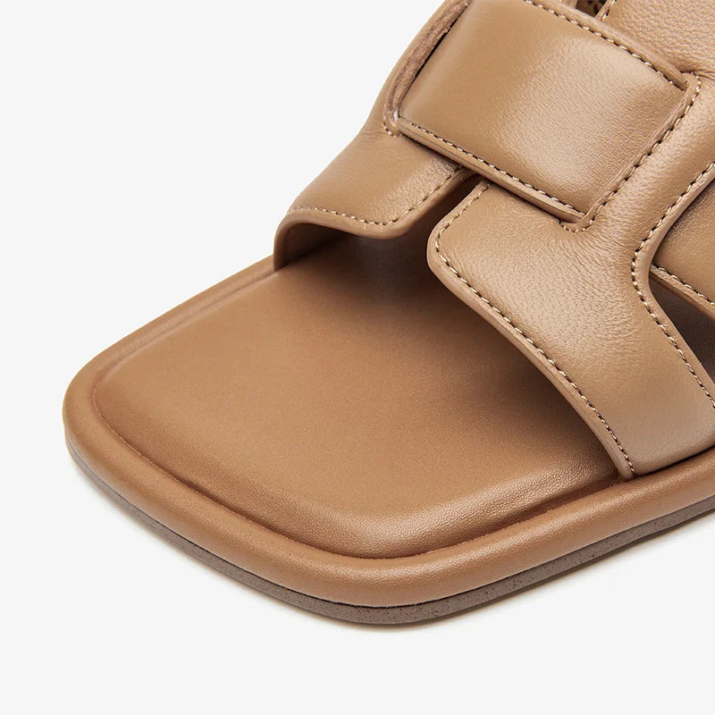 BEAUTODAY Roman Slippers Women Genuine Leather Woven Square Toe Slip-on Flats Outdoors Ladies Mid Heel Shoes Handmade 35111