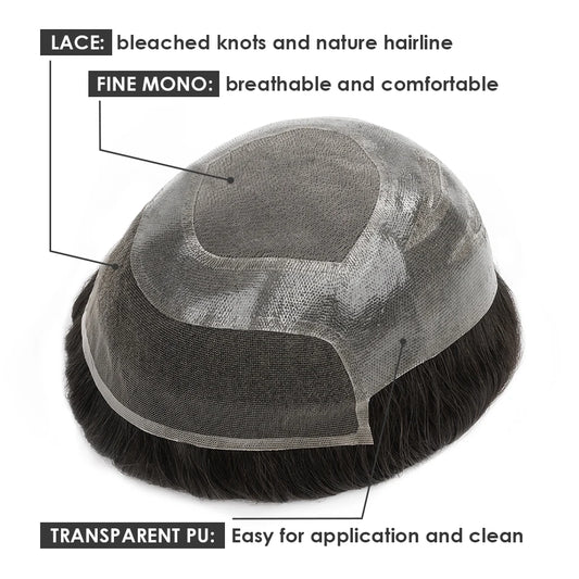 100% Natural Human Hair Toupee Men Wig Systems Unique Design Mono & Pu Breathable For Male Hair Prosthesis Free Shipping