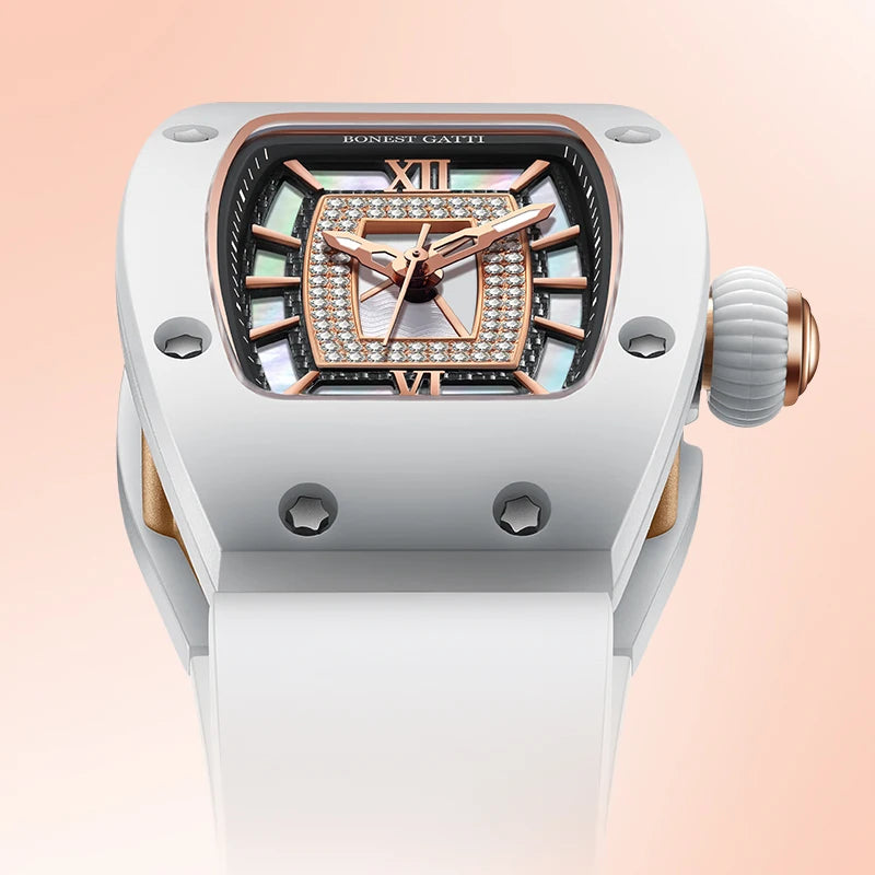 BONEST GATTI Automatic Watch Luxury Lady Watches Tonneau Mechanical Wristwatch Rubber Strap Butterfly Clasp Watches For Women