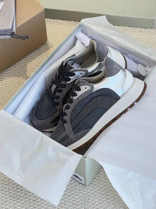 Women's Vulcanized Shoes Leather Beaded Casual Sneakers