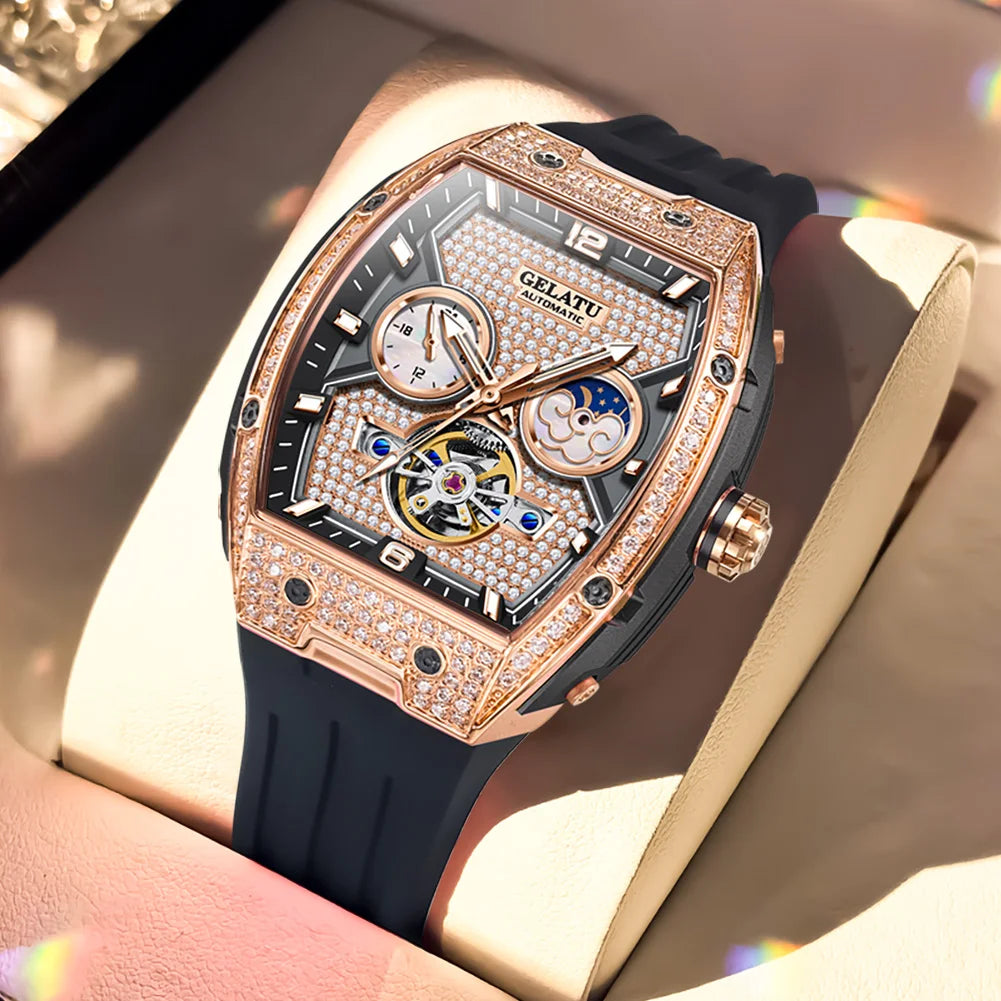 GELATU 6016 Women Watch Luxury Full Diamond Hollow out Dial Silicone Waterproof Moonphase Watch Women Automatic Mechanical Watch