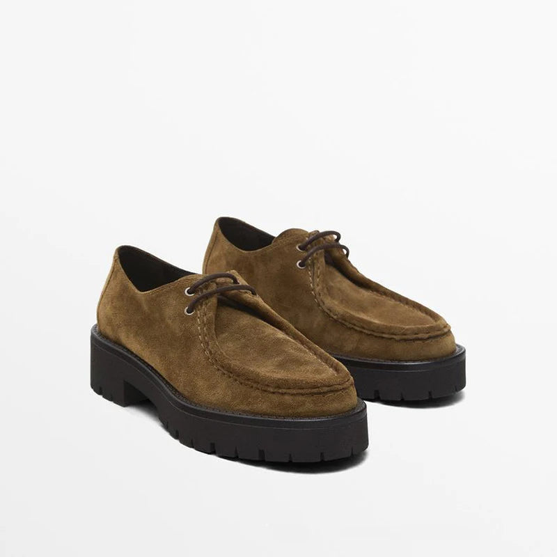 2025 New Products Women's Derby Shoes Genuine Leather Brown Suede Round-Toed Lace-up Thick Soled Versatile Loafer For Women