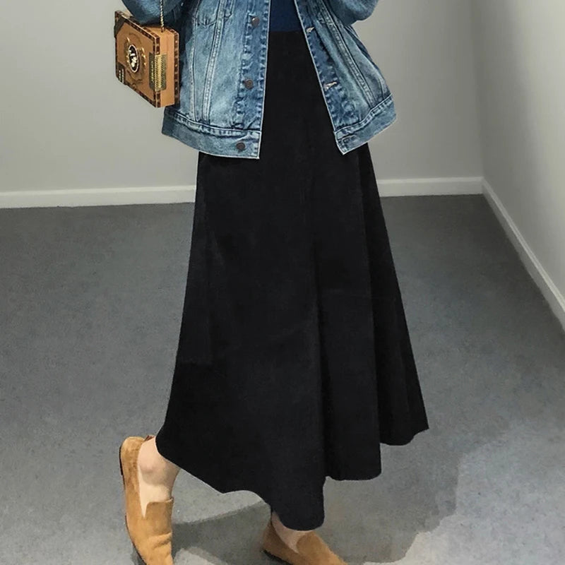 Women Purple Suede Leather Skirt 2025 Trend Spring Harajuku Big Hem 85 cm Long Faldas Mujer Chic Bohemian 100% Leather Dress