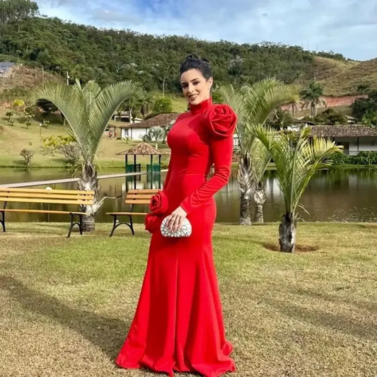 Saudi Arabia Women Elegant Evening Dresses Customized Floor Length Prom Dress Long Sleeve Lapel Sexy Red Formal Party Gowns