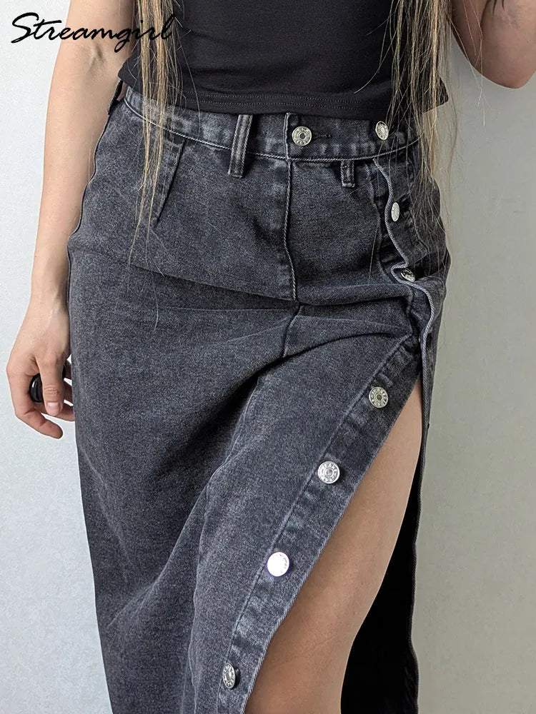 Women Midi Denim Skirt High Waist Summer Long Black Button Jeans Skirt Woman Casual A Line Slit Maxi Denim Skirts For Women