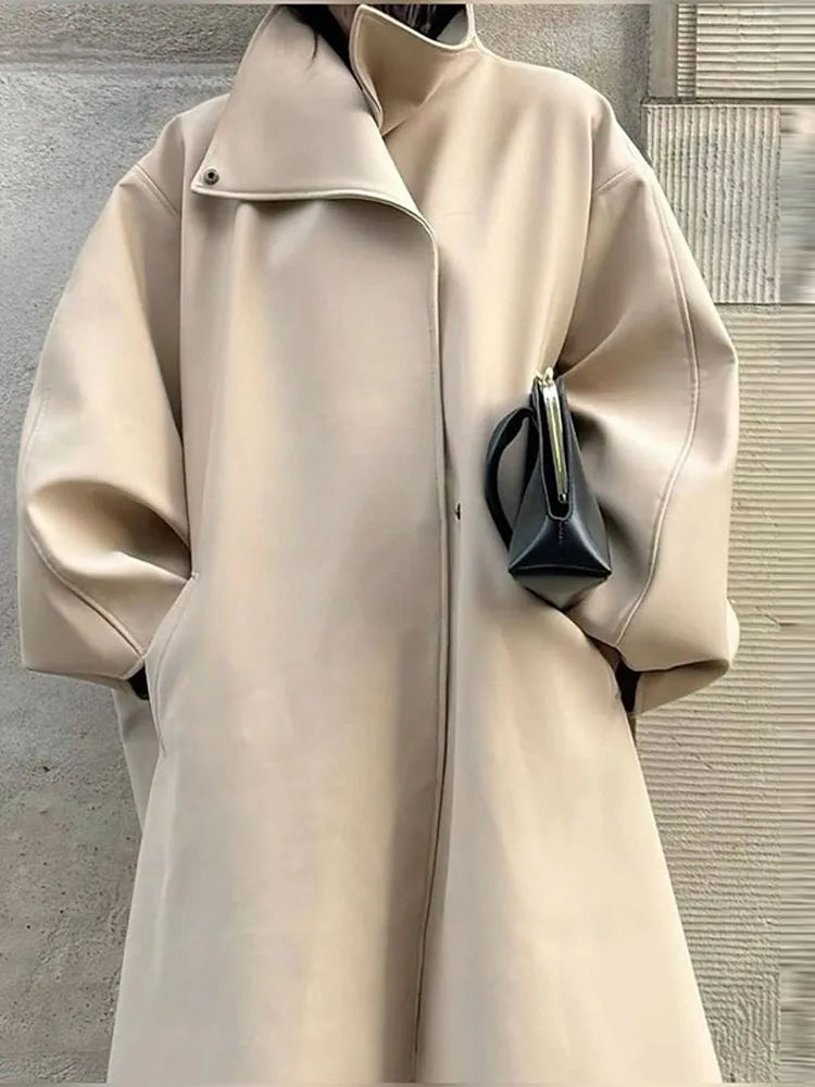Chic Stand Collar Long Woolen Coat Women Puff Sleeve Single Breasted Loose Warm Overcoat 2025 Autumn Winter Lady Outwear New