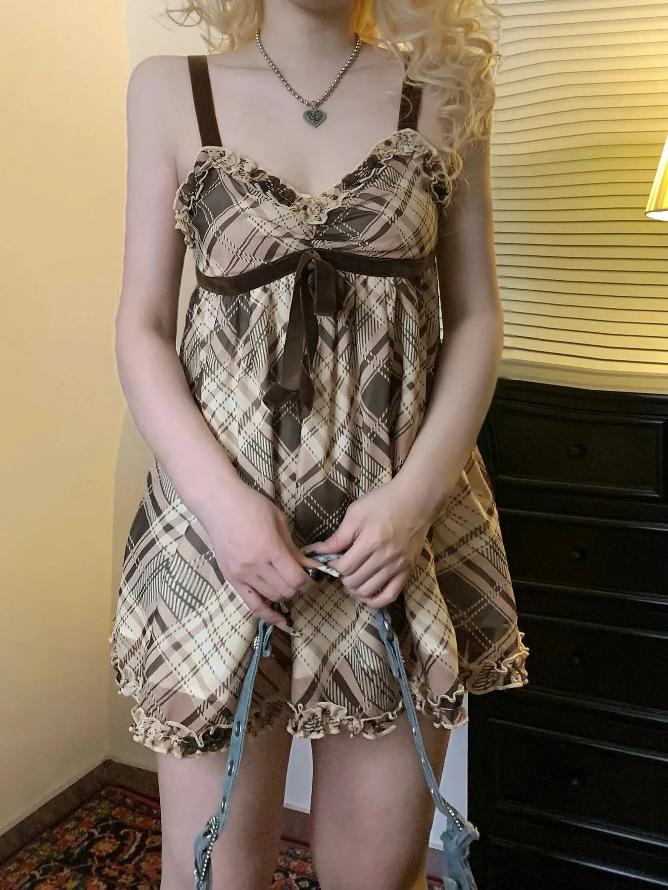 Sweet Plaid Bow Cute Simple Camisole Dresses Tops Fashion All-Match Retro Women Home Clothing