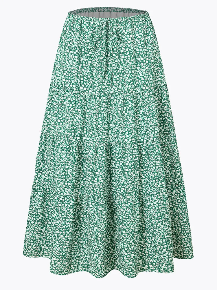 Brown Long Skirt Women Summer Cotton Ruffle Floral Skirt Woman Luxury Green Tie Up Loose White Women Long Skirts High Waisted