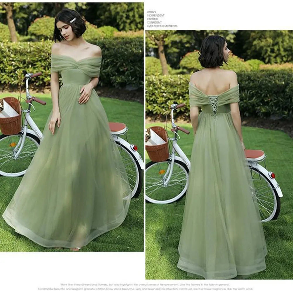 Elegant 4 Styles Green Tulle Bridesmaid Dress Floor Length Off Shoulder A-Line Gown Simple Solid Wedding Party Guest Vestido