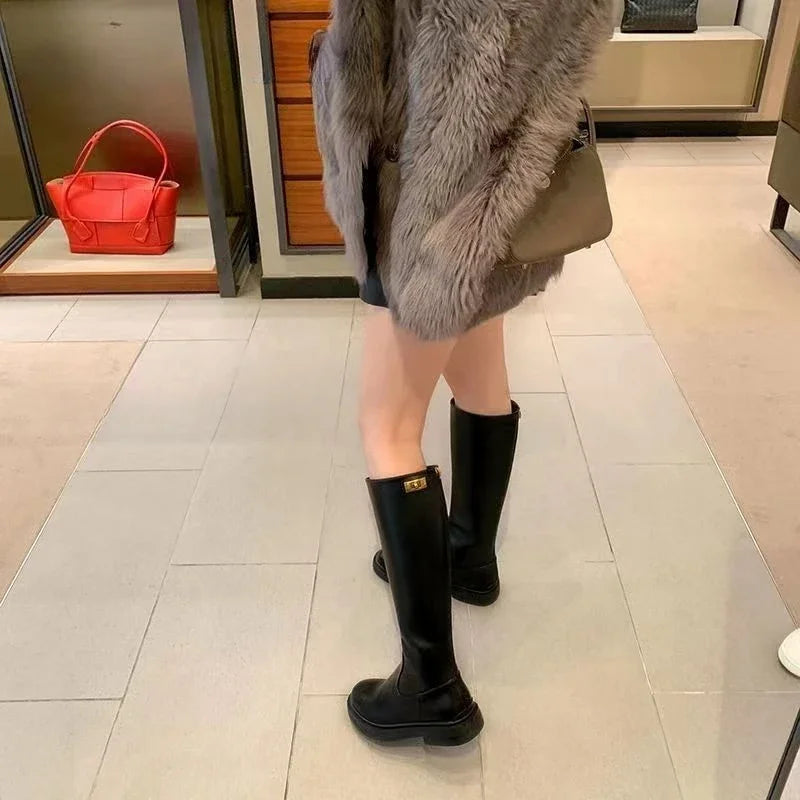 Women's Long Boots Leather Elegant With Low Heels Ladies Knee High Shaft Shoes 2024 New Y2k Demi-season Designer Luxury Fashion