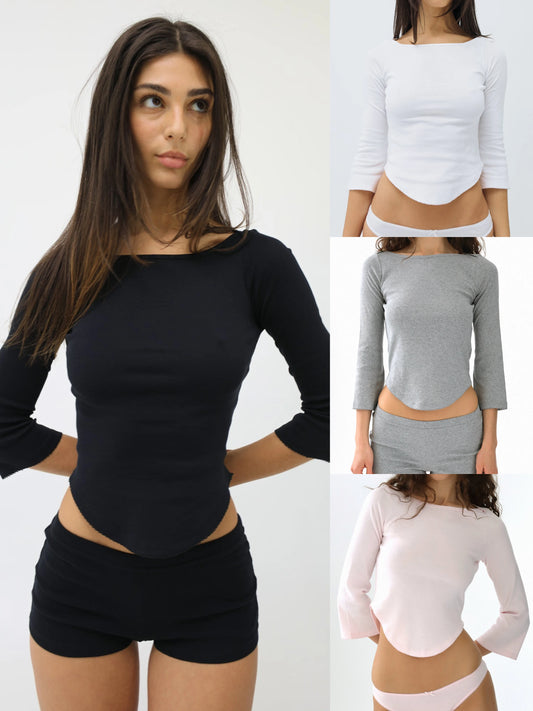 Cou Autumn Three-Quarter Sleeve Black Round Neck Long-Sleeve T-Shirt V-Shaped Hem Design Gray Top Casual Fashion White Top Lace Design Pink Base Shirt