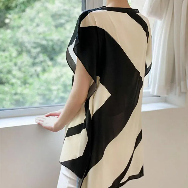 Commute Contrasting Colors Spliced Blouse Female Clothing Elegant Slash Neck Casual Summer Fashion Asymmetrical All-match Shirt