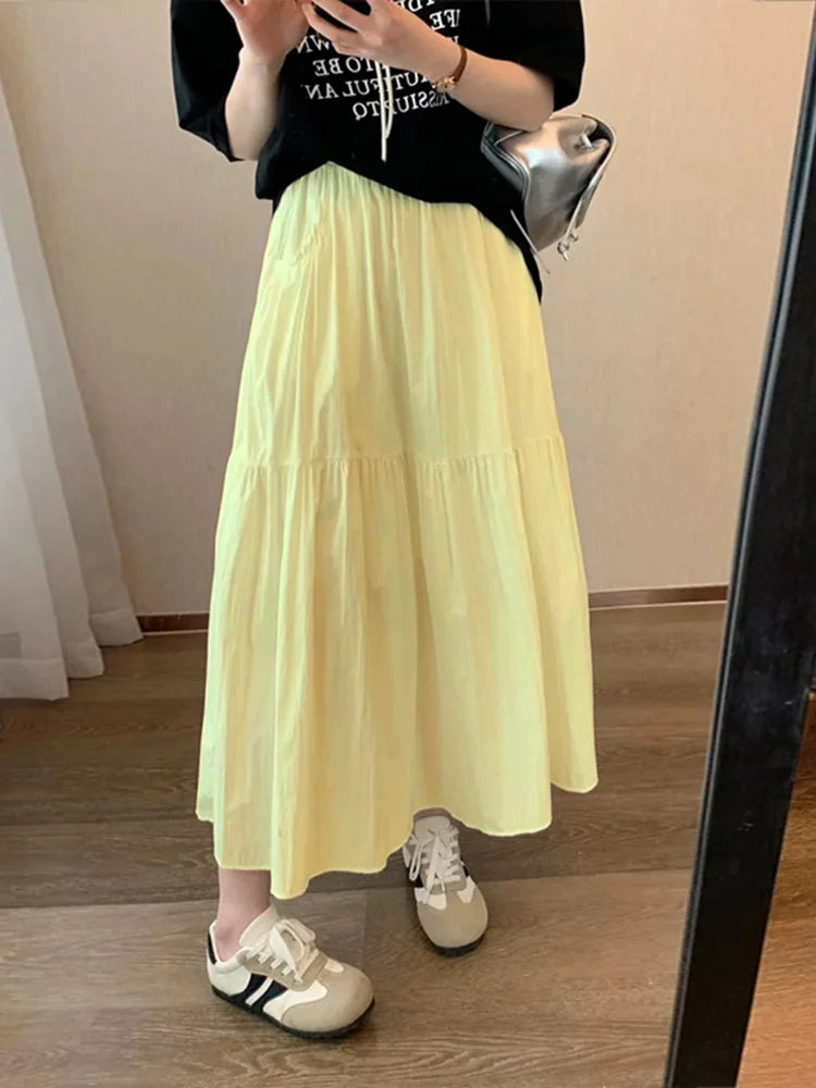 White Long Cake Skirt Women Summer Loose Yellow Skirts Ruffles Female High Waist Lazy Cake Midi Skirts With Pockets A Line Pink
