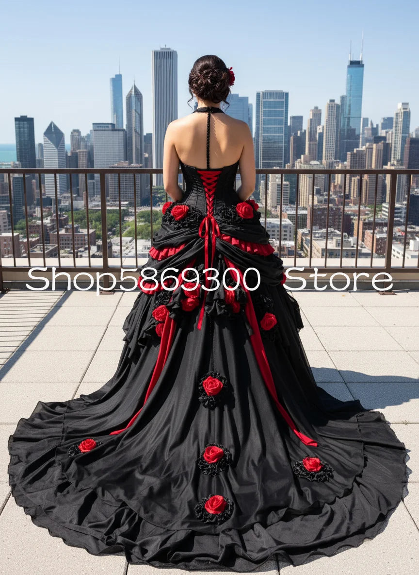 Black and Red Gothic Wedding Dresses Halter Victorian Lace-up Corset 3D Floral Fairytale Magic Bridal Gown Customsized