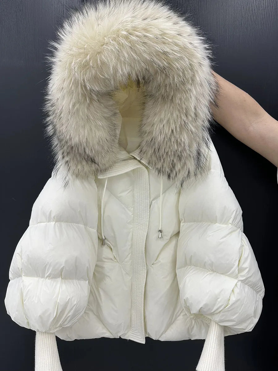 Winter Natural Large Fur Collar Hooded Down Jacket Female Lantern Sleeve Warm Quilted Jacket Women Short White Duck Down Outwear