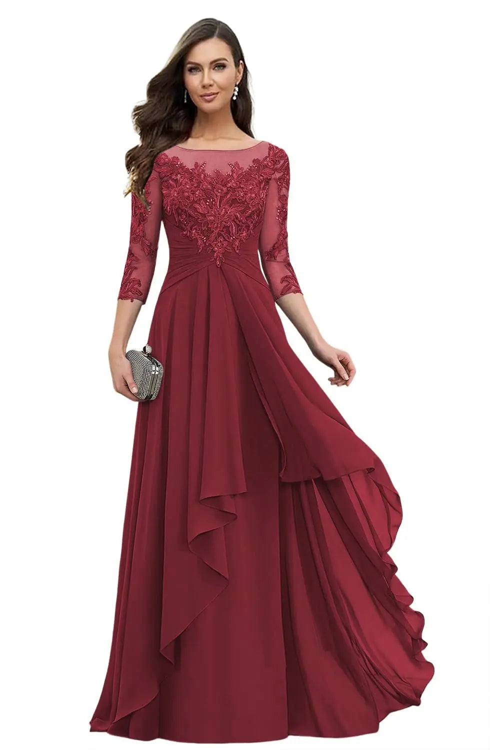 Women's Elegant Lace Mother of The Bride Dresses Scoop Neck Chiffon Ruffles Formal Evening Gowns A-Line Wedding Guest Gowns