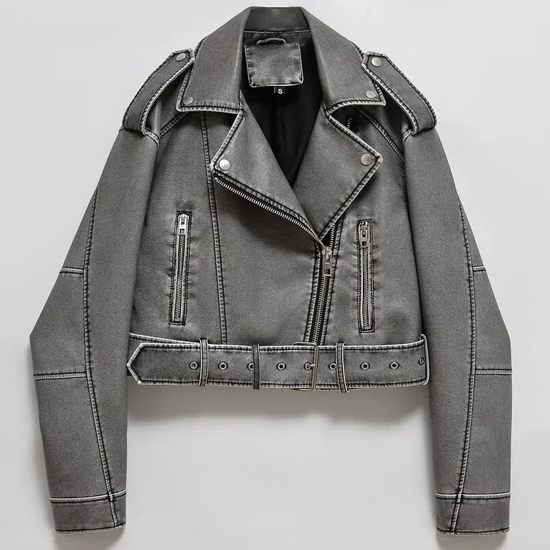 Women Vintage Loose Washed Faux Leather Short Jacket Streetwear Female Zipper Belt Moto Biker Retro Coat Outwear Tops