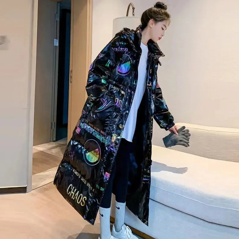 New Glossy Print Down cotton Jacket for women Winter 2025 Loose Thick Women Hooded Parka Coat Windproof Rainproof Long Overcoat