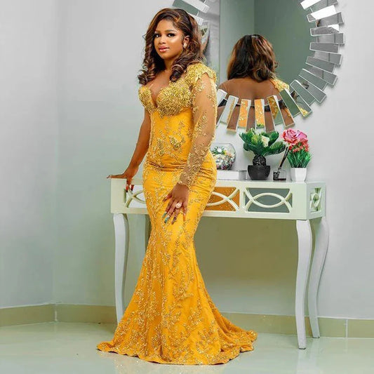 Aso Ebi Black Women Party Dresses Plus Size Gold Lace African Formal Dress Sheer Neck Mermaid Prom Gown
