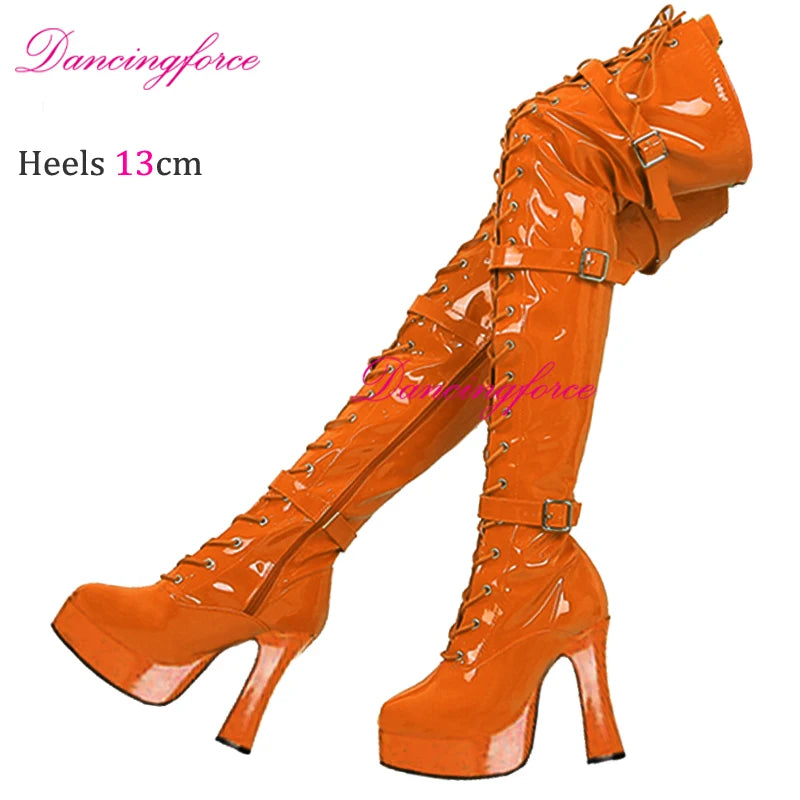 Sexy Green 13cm Chunky Heels Over Knee Boots 3 Buckles Belts Thick Platform Nightclub Party Dance Thigh High Long Boots Women