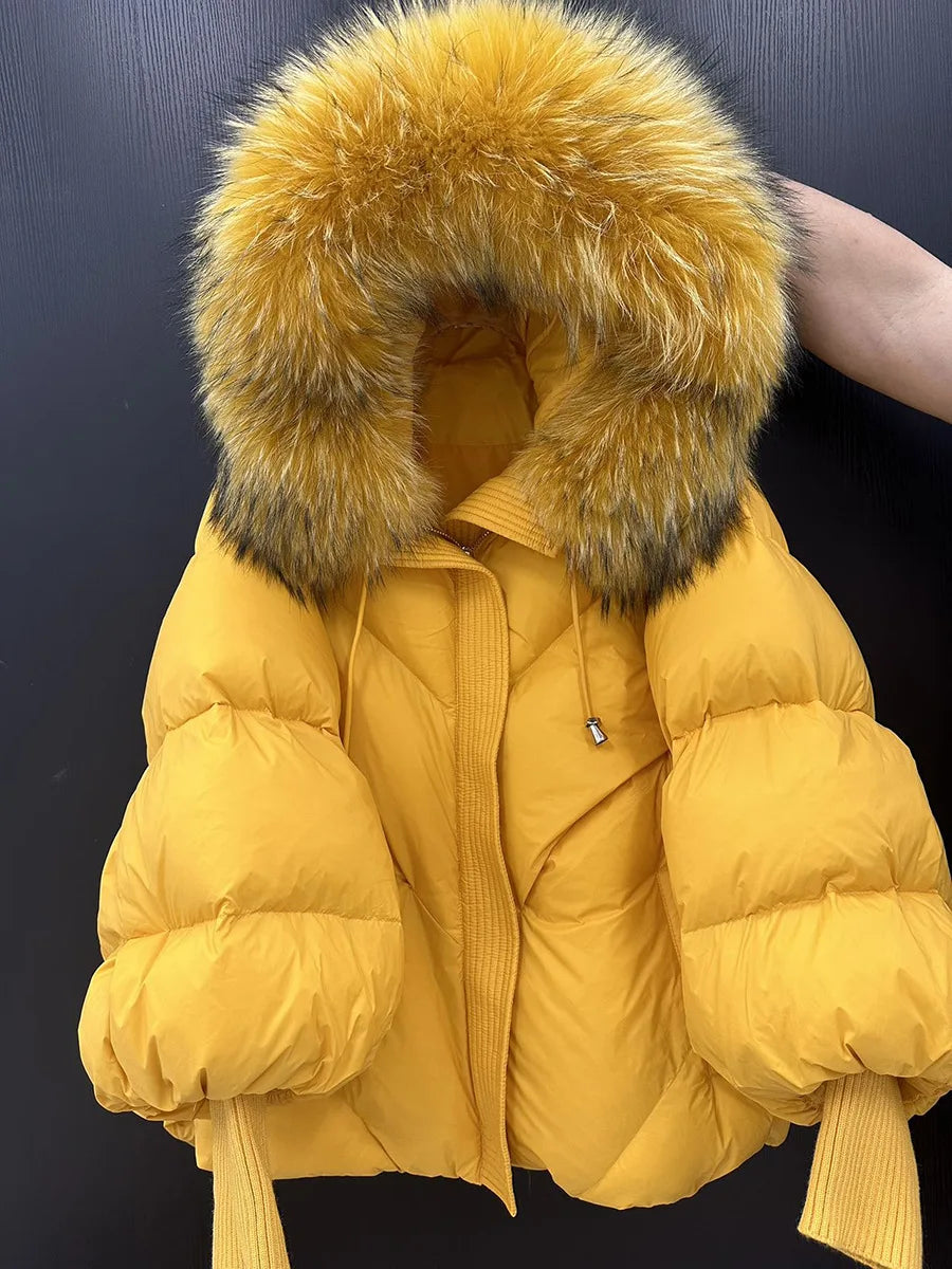 Winter Hooded Natural Large Fur Collar Down Jacket Women Short White Duck Down Outwear Female Lantern Sleeve Warm Quilted Jacket