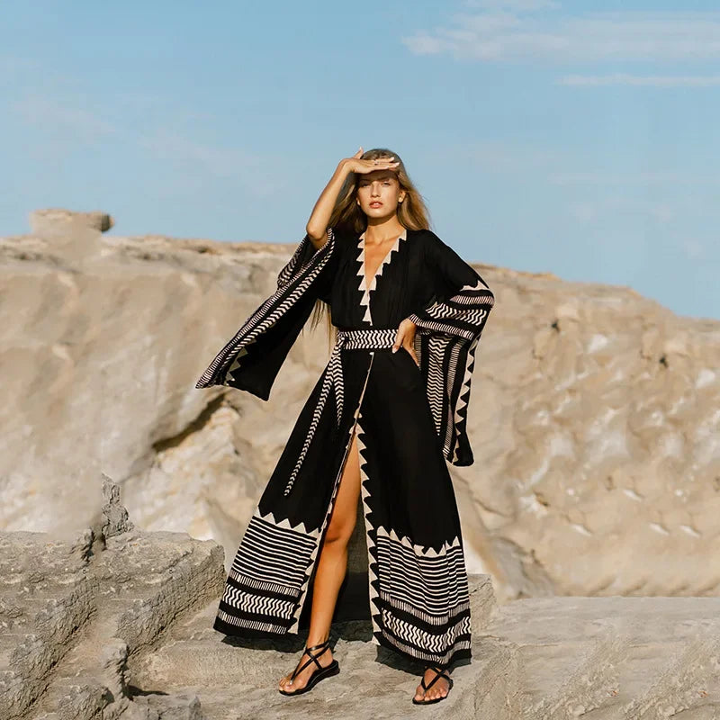 Over Size Kaftan Beach Deep V Neck Women Bohemian Dress Black Long Maxi Chiffon Cover Up 2022 Print Beachwear Summer Dress Robe