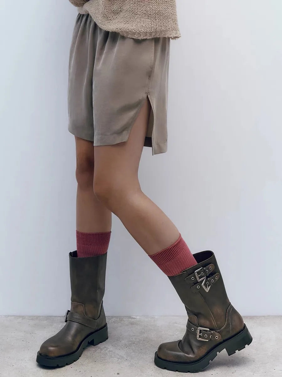 Women's Western Knight BootsWith Thi Heel And Belt Bule round Toe Motorcycle Boots  Boots Brown Autumn Winter