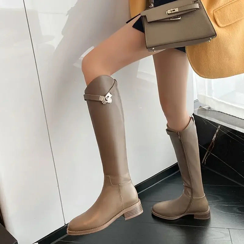 Slimming Effect Knight Boots Women's Flat Bottom Angle Cut Long Boots Lock Buckle Korean Style Versatile High Boots Leg Shaping