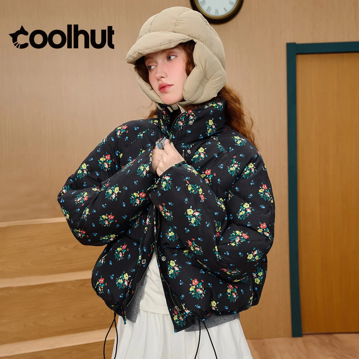 COOLHUT Women's New Printed Short Puffer Jacket Winter Coat Fashion Loose Fit Quilted Padding for Petite Trendy Casual Outerwear