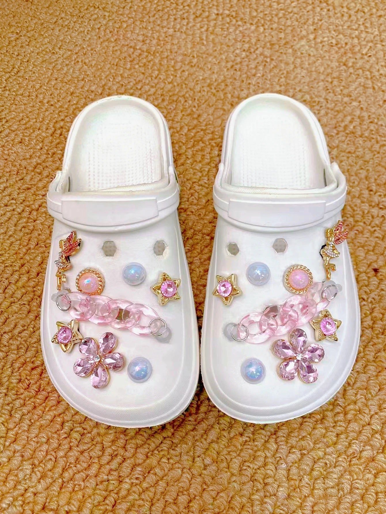 16 pieces of pink crystal chains, fairies, five-petal, beads, pink stars and other crocs accessories, ABS shoe flowers, DLY deco