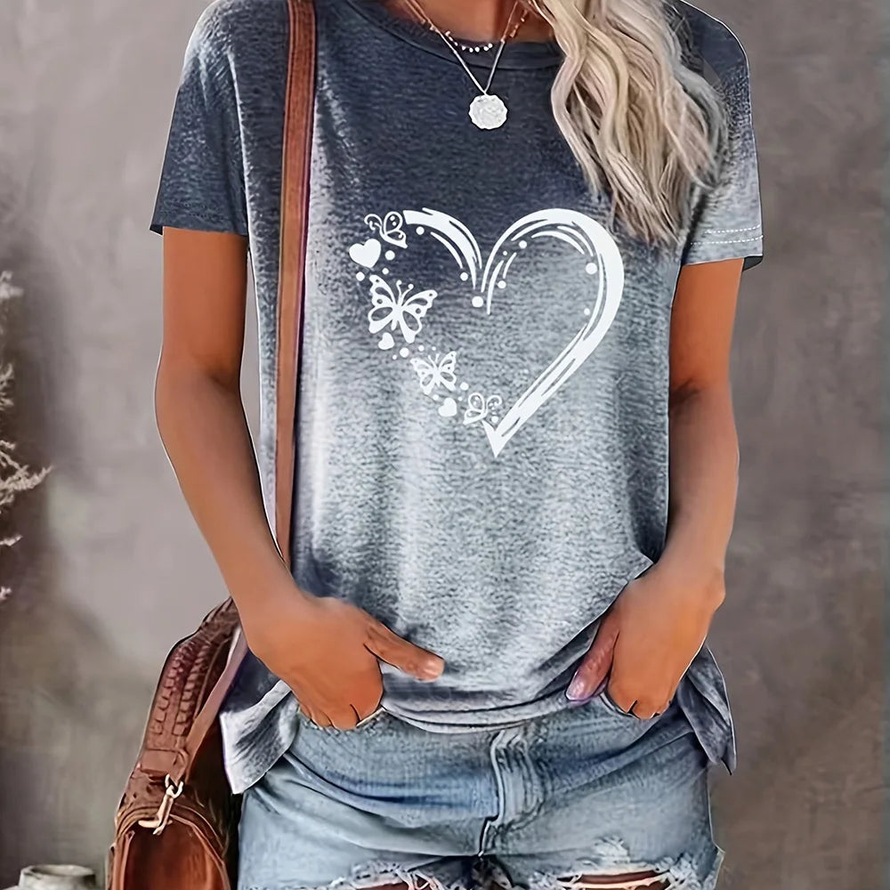 Women's Gradient T-shirt Fashion Flower Print Loose Round Neck Top Casual Comfortable Short Sleeve Women's Party T-shirt 2024