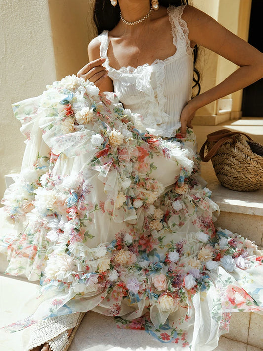 TIYIHAILEY-Women's Long Maxi Mesh Skirt, Elastic High Waist Layer Skirts, Beige Flowers Ball Gown, Fashion, 2025 New Ladies