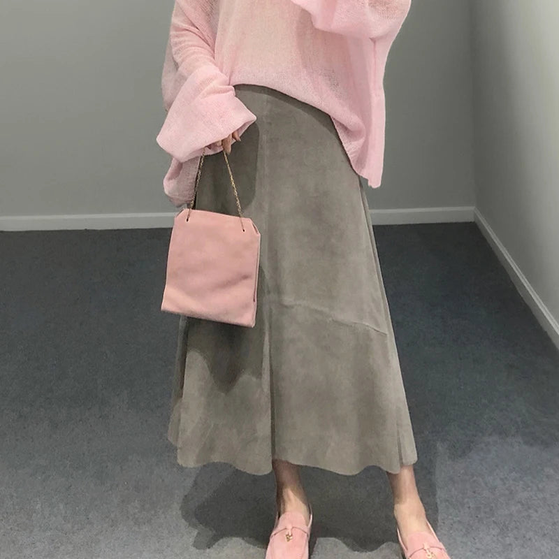 Women Purple Suede Leather Skirt 2025 Trend Spring Harajuku Big Hem 85 cm Long Faldas Mujer Chic Bohemian 100% Leather Dress