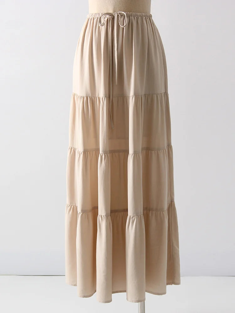 Brown Long Skirt Women Summer Cotton Ruffle Floral Skirt Woman Luxury Green Tie Up Loose White Women Long Skirts High Waisted