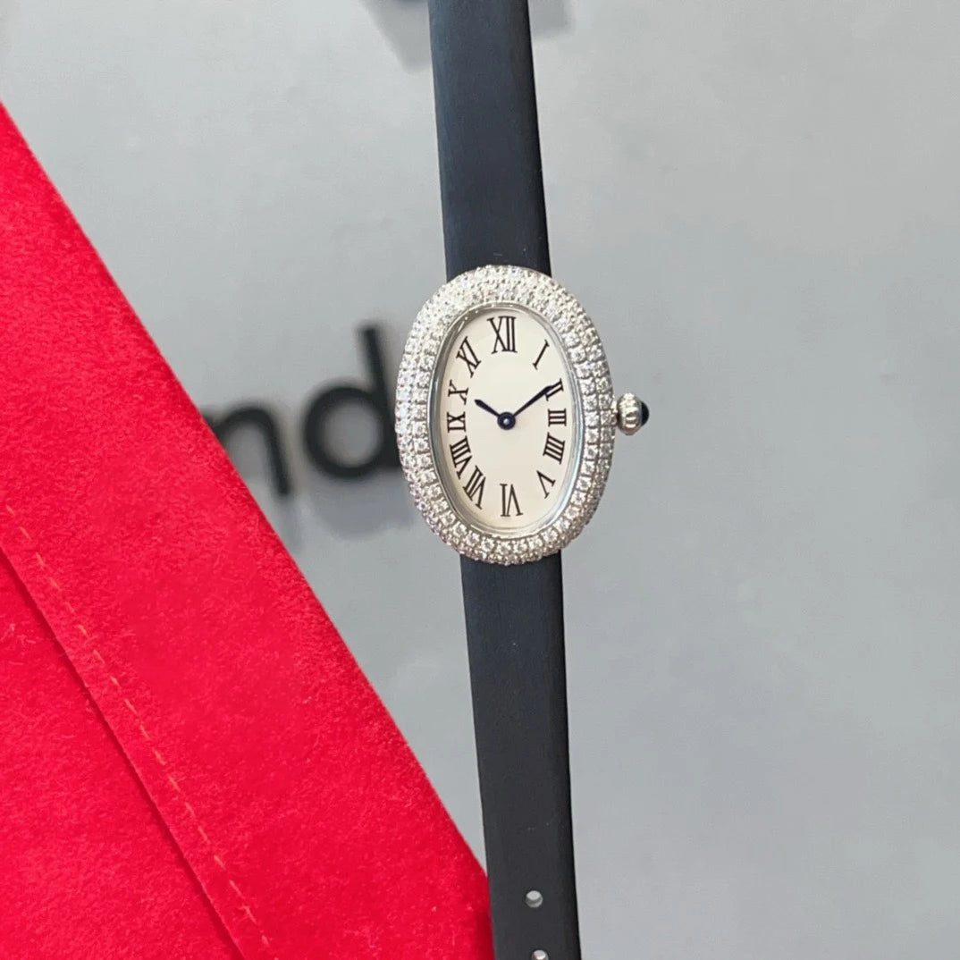 Brand Wrist Watches Woman Girl High Quality 23mm Diamond Oval Style Japanese Quartz Movement Leather Strap Clock CT80