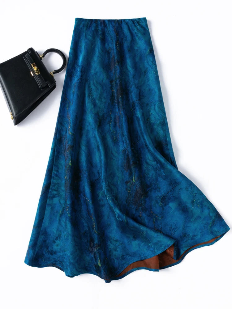 2025 Women's Fashion Spring New 100% Natural Mulberry Silk HuaLuo Gambiered Guangdong Gauze Slant Cut Slim Blue Big Swing Skirt