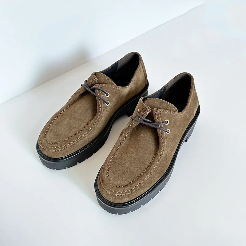2025 New Products Women's Derby Shoes Genuine Leather Brown Suede Round-Toed Lace-up Thick Soled Versatile Loafer For Women