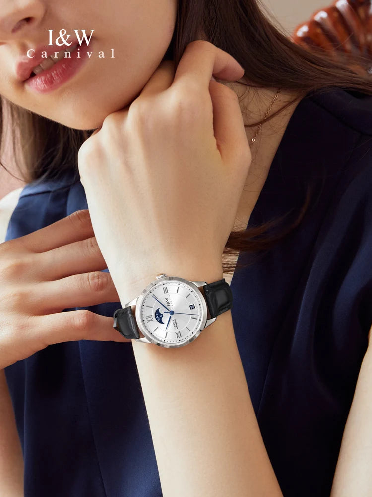 Switzerland Brand I&W New Moon Phase Automatic Watch for Women Sapphire Mechanical Watches Calendar MIYOTA Movement Reloj Mujer