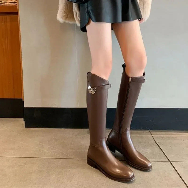 Slimming Effect Knight Boots Women's Flat Bottom Angle Cut Long Boots Lock Buckle Korean Style Versatile High Boots Leg Shaping