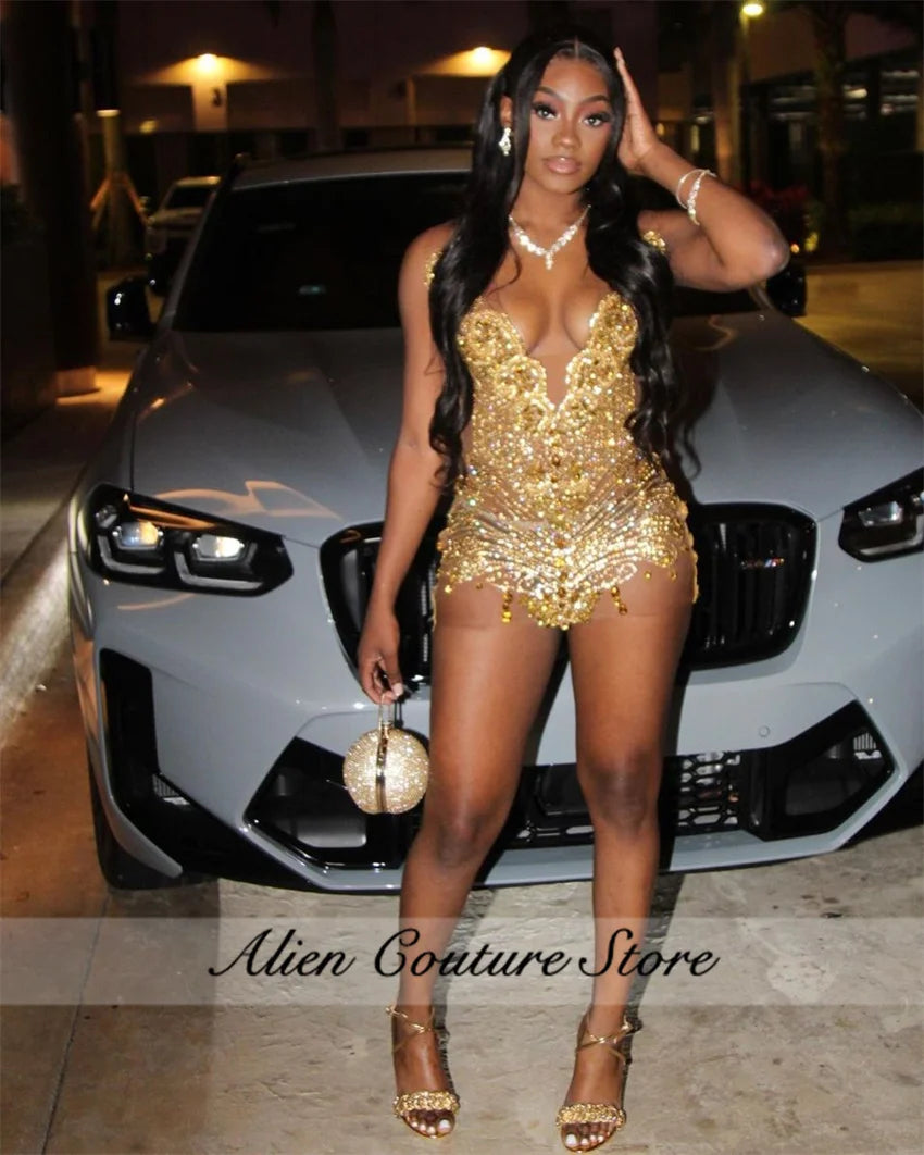 Sexy Gold Diamonds Short Prom Dresses Bead Crystals Birthday Dress Women 2024 Robes De Cocktail For Black Girl Customized