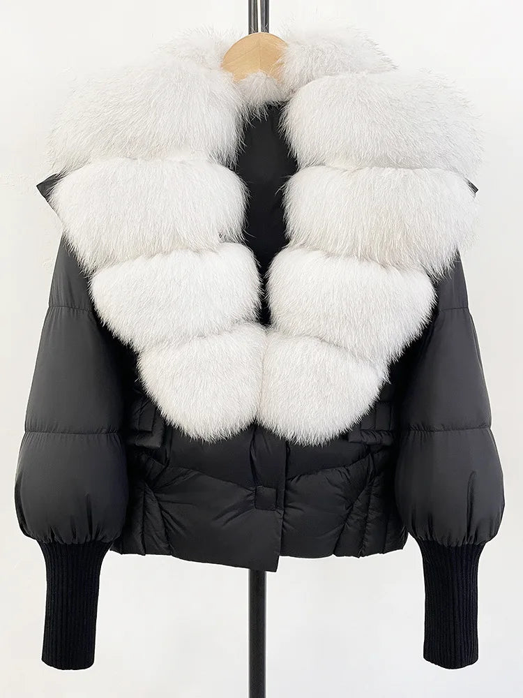 ZMEENNA Women's Black Puffer Down Jacket With Large Real Fur Collar Short Warm Winter Coat Knit Cuffs Elegant Outerwear ZM3377