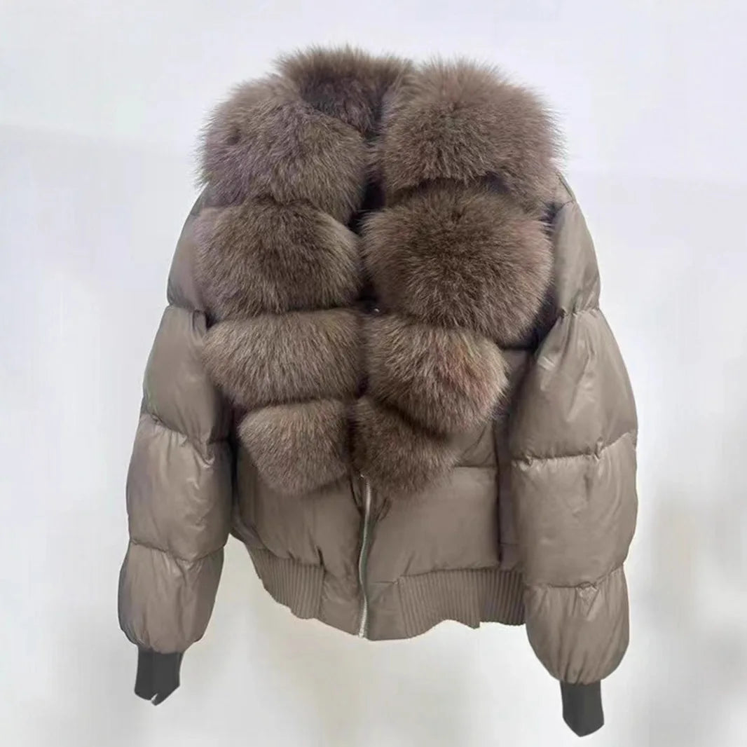 Winter Natural Big Fur Collar Down Jacket Female Warm Thick Quilted Cotton Jacket Women 90 White Duck Down Zipper Parker Outwear