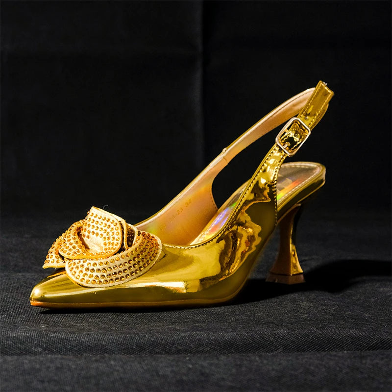 2024 Fashionable Designed Gold Elegant Shoe Bag Bright Banquet African Women's tie Pointed Toe High Heels Shoes Wedding Party