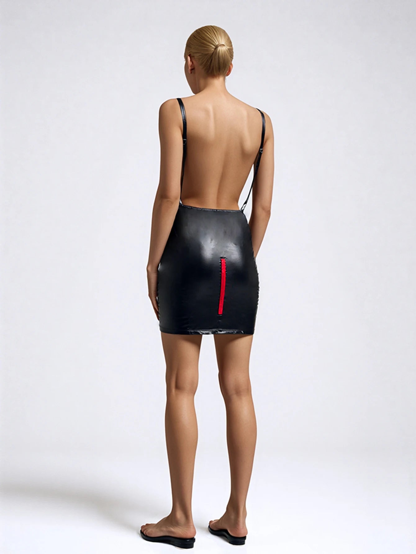 Sexy Faux Leather Backless Dress Multi Zip Dress Spaghetti Strap Dress Dance Pole Clubwear Nightdress Summer Clothing for Women